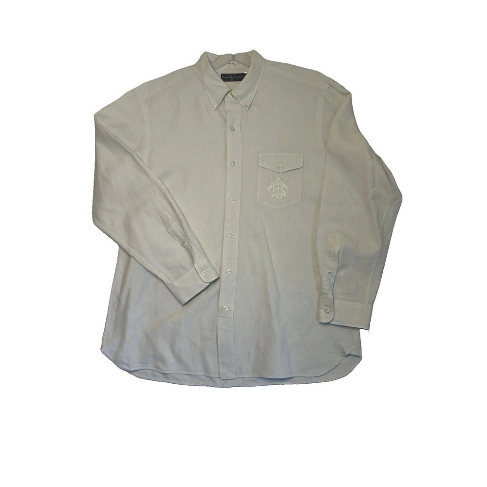 VTG Polo Ralph Lauren Mens Shirt Lg White Linen Silk Cotton Rowing Club Logo EUC